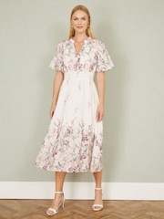 Yumi Cream Mirrored Floral Button Up Midi Dress With Ruched Waist - Image 2 of 5