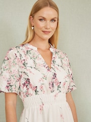 Yumi Cream Mirrored Floral Button Up Midi Dress With Ruched Waist - Image 3 of 5