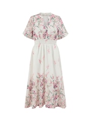 Yumi Cream Mirrored Floral Button Up Midi Dress With Ruched Waist - Image 5 of 5