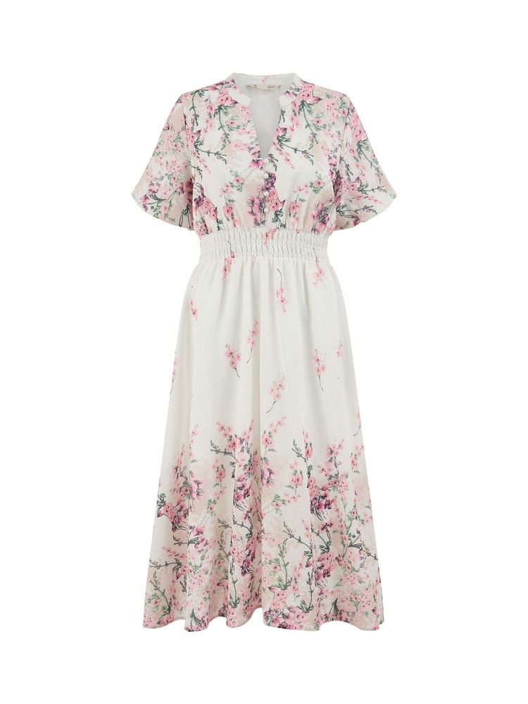 Yumi Cream Mirrored Floral Button Up Midi Dress With Ruched Waist - Image 5 of 5