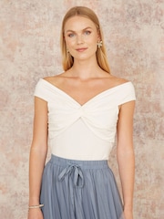 Yumi White Jersey Bardot 100% Cotton Top With Knot Detail - Image 1 of 4