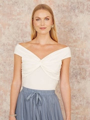 Yumi White Jersey Bardot 100% Cotton Top With Knot Detail - Image 3 of 4