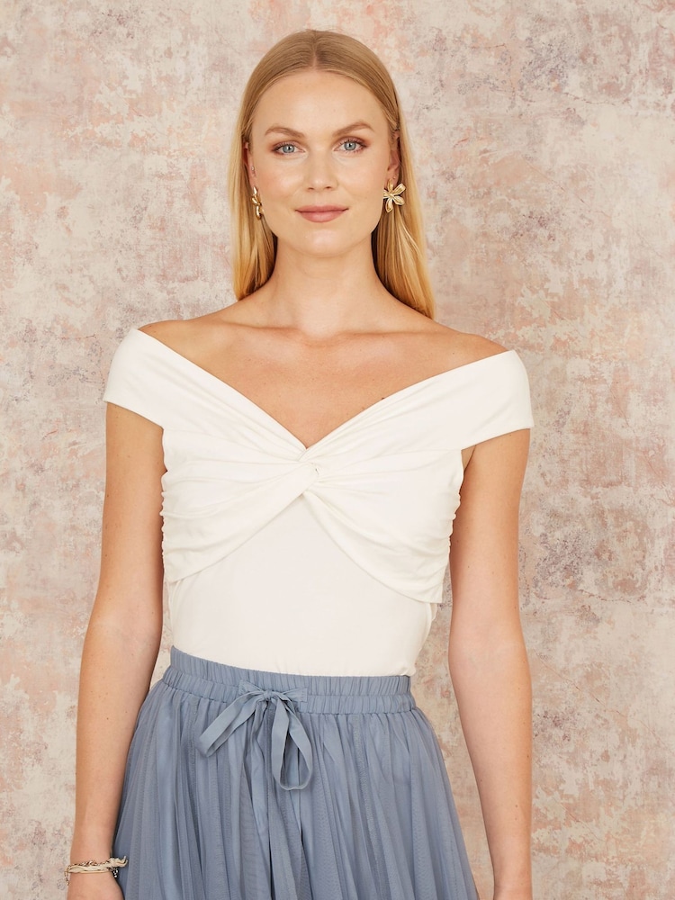 Yumi White Jersey Bardot 100% Cotton Top With Knot Detail - Image 3 of 4