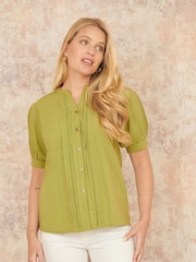 Yumi Green Pleated Short Sleeve 100% Cotton Shirt - Image 1 of 5