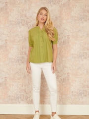 Yumi Green Pleated Short Sleeve 100% Cotton Shirt - Image 2 of 5