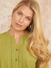 Yumi Green Pleated Short Sleeve 100% Cotton Shirt - Image 3 of 5
