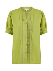 Yumi Green Pleated Short Sleeve 100% Cotton Shirt - Image 5 of 5