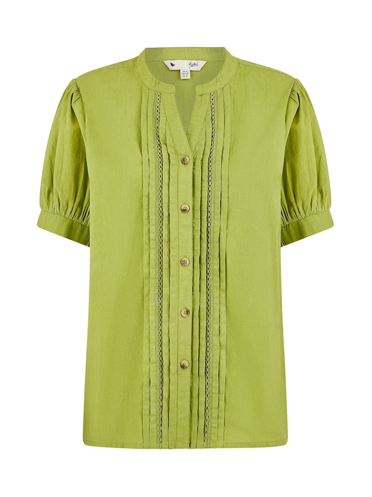 Yumi Green Pleated Short Sleeve 100% Cotton Shirt - Image 5 of 5