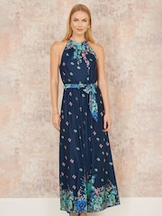 Yumi Blue Mirror Floral Print Maxi Halter Neck Dress - Image 1 of 5