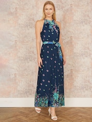 Yumi Blue Mirror Floral Print Maxi Halter Neck Dress - Image 2 of 5
