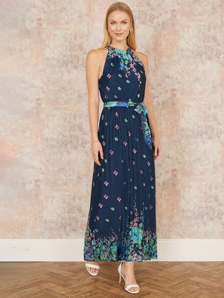 Yumi Blue Mirror Floral Print Maxi Halter Neck Dress - Image 2 of 5
