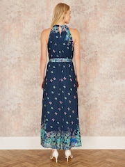 Yumi Blue Mirror Floral Print Maxi Halter Neck Dress - Image 4 of 5