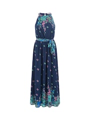 Yumi Blue Mirror Floral Print Maxi Halter Neck Dress - Image 5 of 5