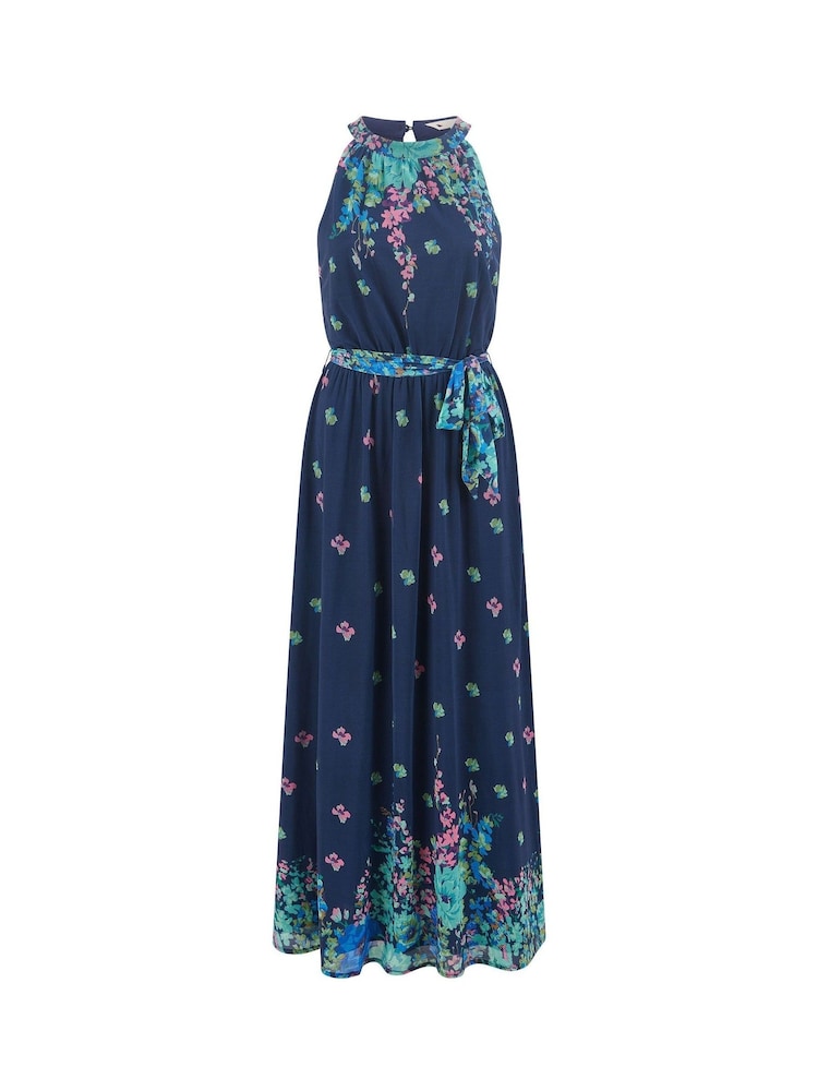 Yumi Blue Mirror Floral Print Maxi Halter Neck Dress - Image 5 of 5