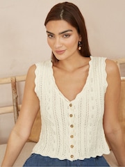 Yumi Cream V-Neck Button Down Crochet Knitted Top - Image 1 of 5