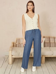 Yumi Cream V-Neck Button Down Crochet Knitted Top - Image 2 of 5