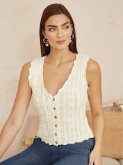 Yumi Cream V-Neck Button Down Crochet Knitted Top - Image 3 of 5