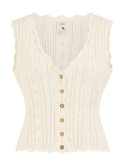 Yumi Cream V-Neck Button Down Crochet Knitted Top - Image 5 of 5