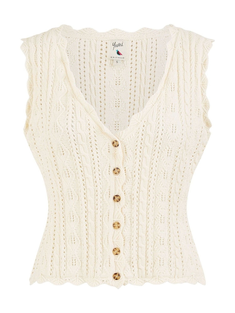 Yumi Cream V-Neck Button Down Crochet Knitted Top - Image 5 of 5