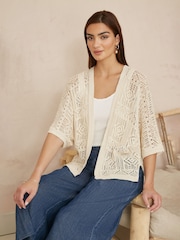 Yumi Natural Crochet Edge To Edge 3/4 Sleeve 100% Cotton Cardigan - Image 2 of 4