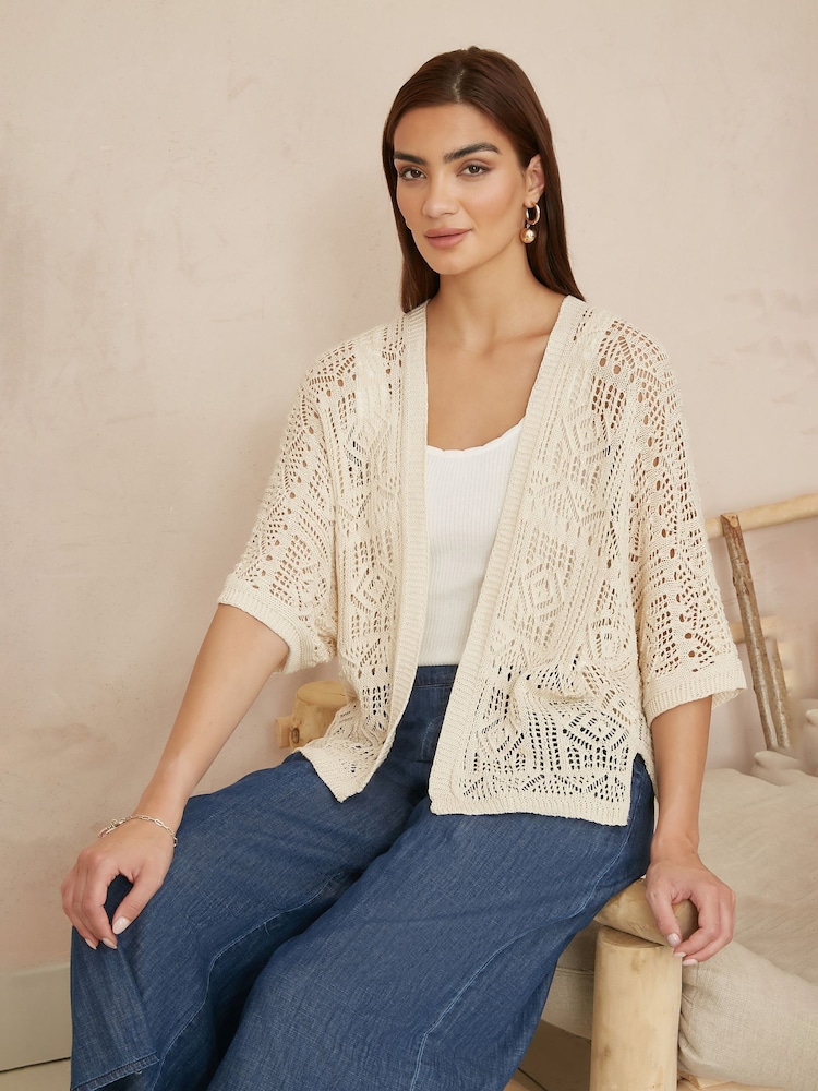 Yumi Natural Crochet Edge To Edge 3/4 Sleeve 100% Cotton Cardigan - Image 2 of 4