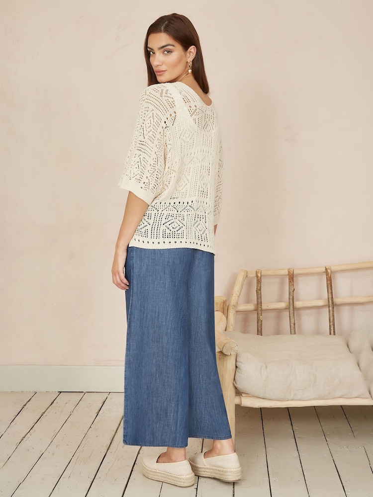 Yumi Natural Crochet Edge To Edge 3/4 Sleeve 100% Cotton Cardigan - Image 3 of 4