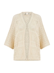 Yumi Natural Crochet Edge To Edge 3/4 Sleeve 100% Cotton Cardigan - Image 4 of 4
