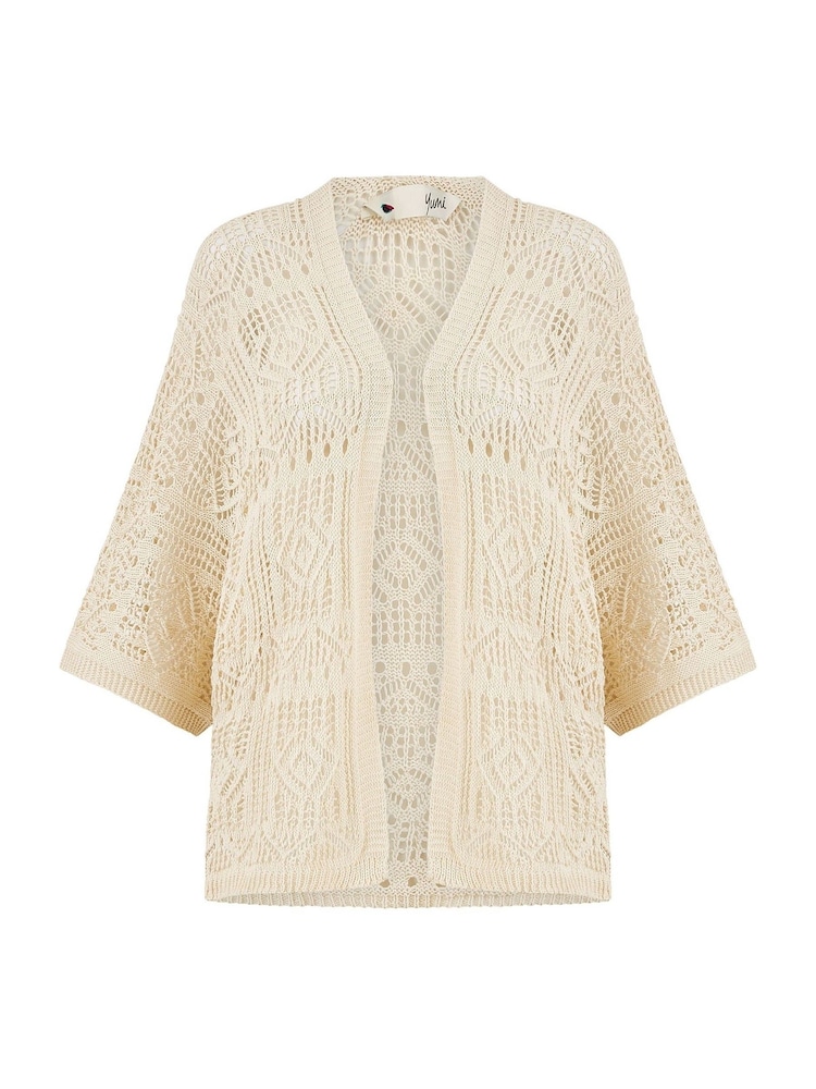 Yumi Natural Crochet Edge To Edge 3/4 Sleeve 100% Cotton Cardigan - Image 4 of 4