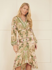 Yumi Green Viscose Scarf Print Tie Front Midi Dress With Dip Hem - Image 1 of 5