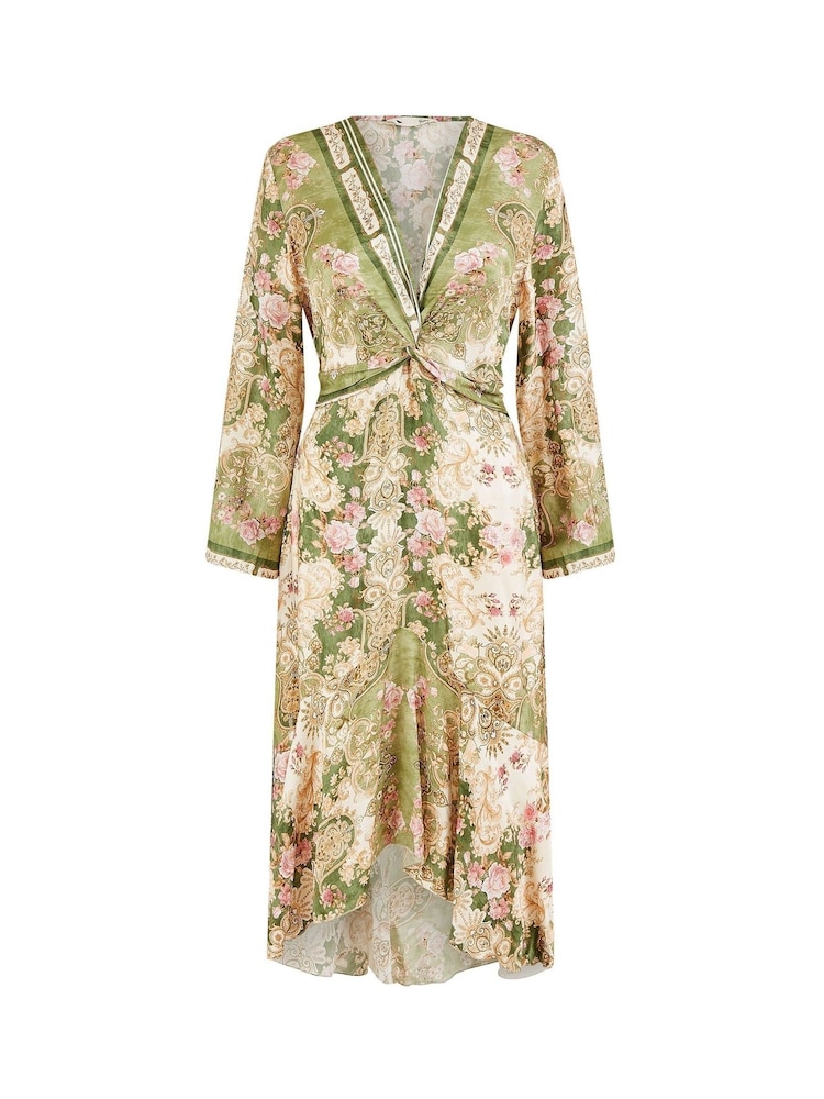 Yumi Green Viscose Scarf Print Tie Front Midi Dress With Dip Hem - Image 5 of 5