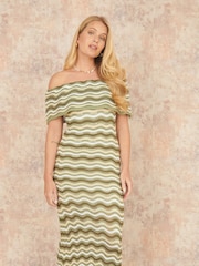 Verde - Rochie midi Bardot din tricot croșetat cu dungi Yumi - Image 1 of 5