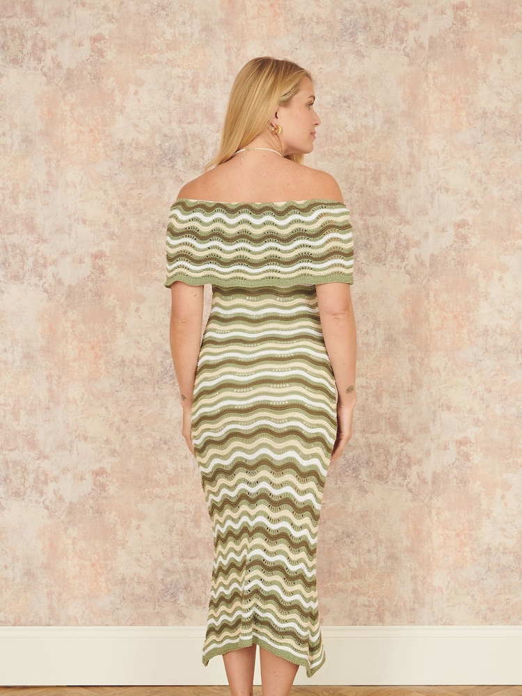 Verde - Rochie midi Bardot din tricot croșetat cu dungi Yumi - Image 4 of 5