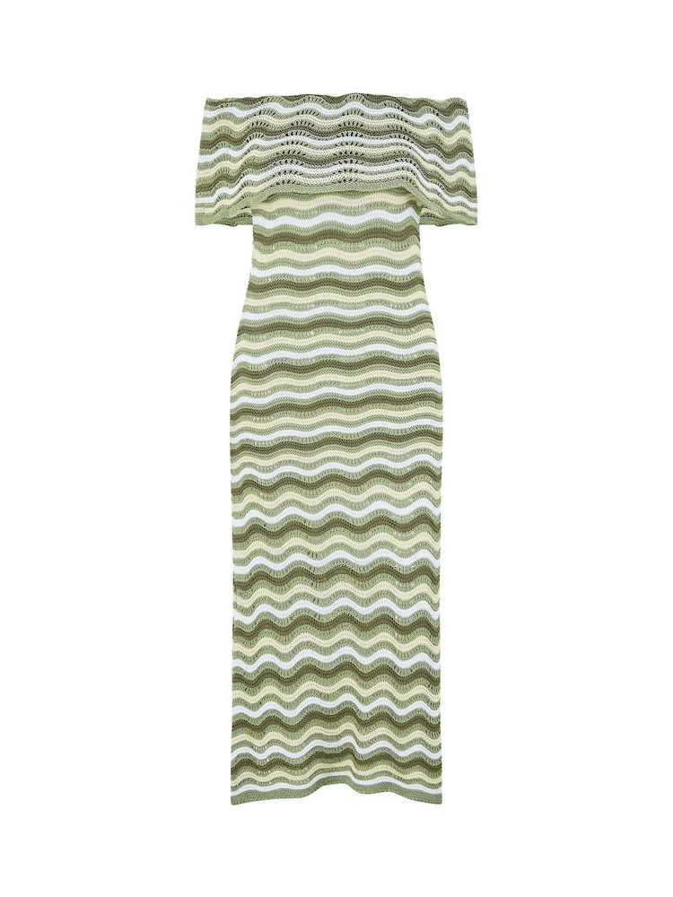 Verde - Rochie midi Bardot din tricot croșetat cu dungi Yumi - Image 5 of 5