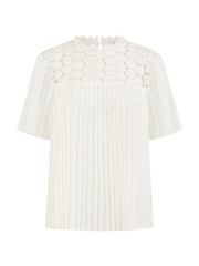 Yumi White Lace Panel Pleated Short Sleeve Top - Image 5 of 5
