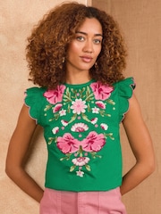 Love & Roses Green Crew Neck Short Sleeve Embroidered Top - Image 1 of 4