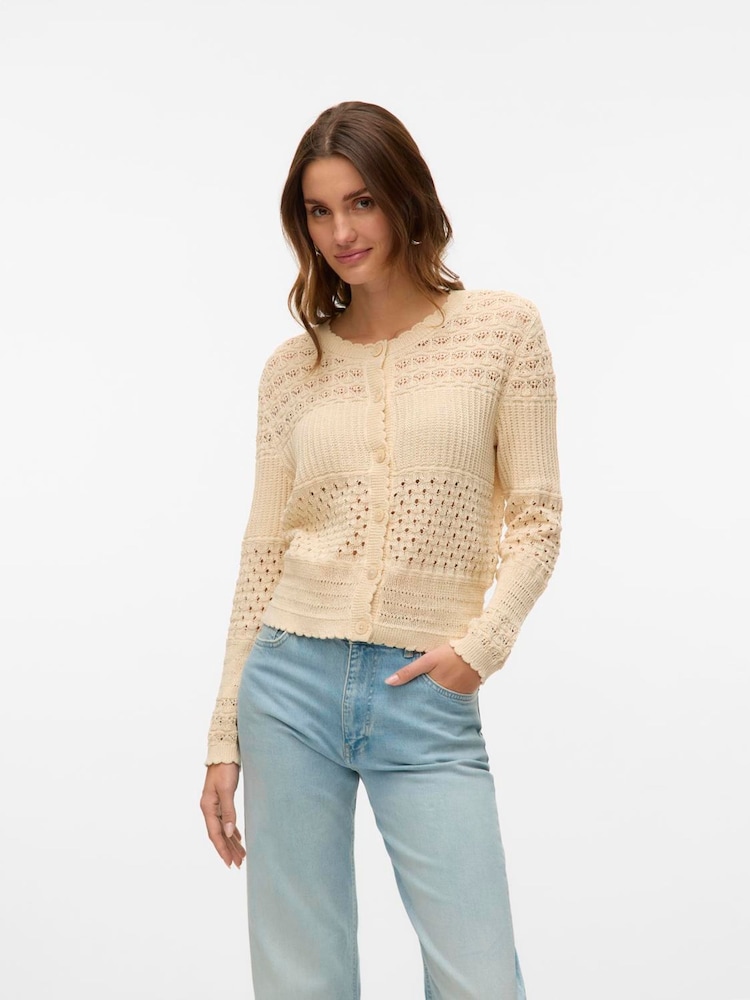 VERO MODA Cream Lightweight Long Sleeve Crochet Knit Cardigan - Image 2 of 6