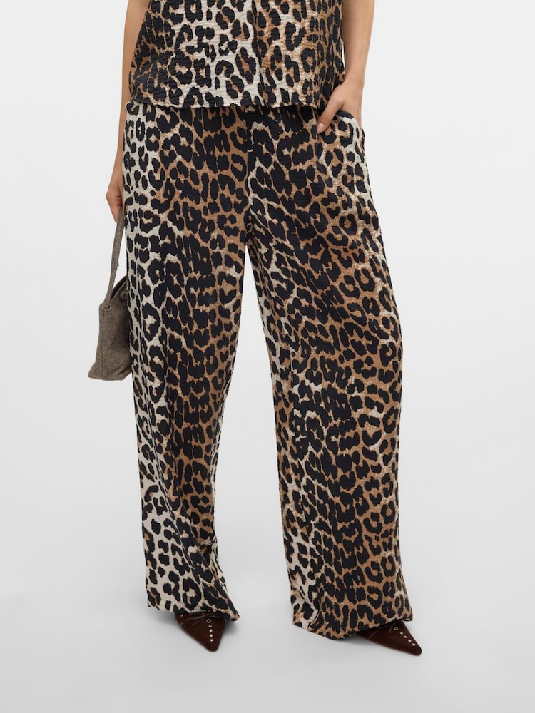 VERO MODA Brown Wide leg Leopard Print Trousers - Image 1 of 4