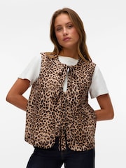 VERO MODA Brown Quilted Tie Front Leopard Print Gilet - Image 1 of 6