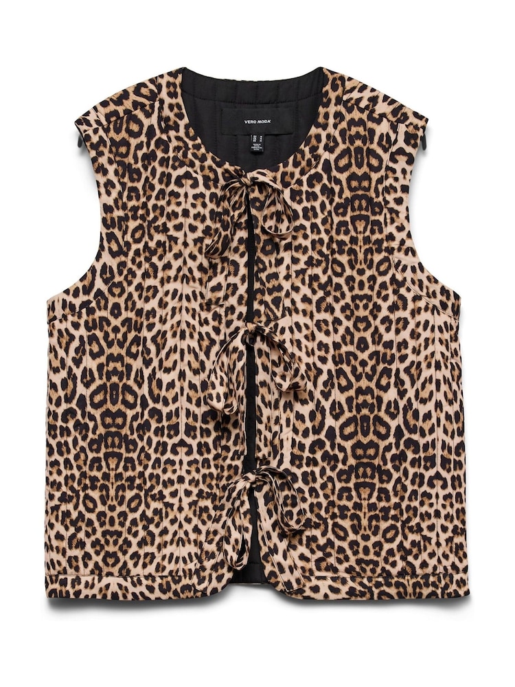 VERO MODA Brown Quilted Tie Front Leopard Print Gilet - Image 6 of 6