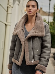 Charcoal Grey Borg Lined Funnel Neck Aviator Jacket - Image 1 of 10