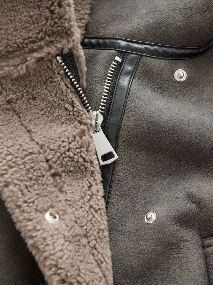 Charcoal Grey Borg Lined Funnel Neck Aviator Jacket - Image 10 of 10