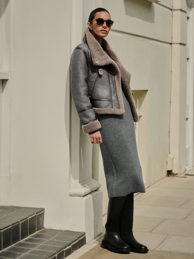 Charcoal Grey Borg Lined Funnel Neck Aviator Jacket - Image 2 of 10