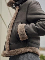 Charcoal Grey Borg Lined Funnel Neck Aviator Jacket - Image 5 of 10
