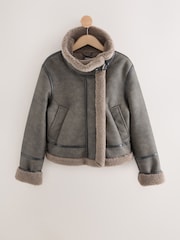 Charcoal Grey Borg Lined Funnel Neck Aviator Jacket - Image 6 of 10