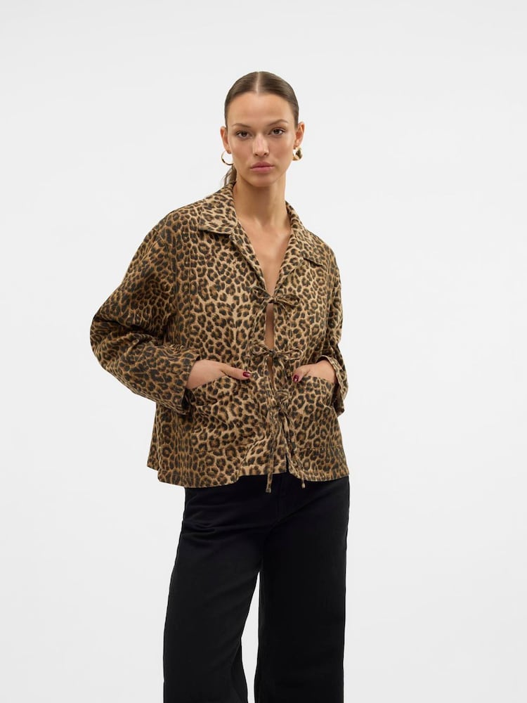 VERO MODA Brown Long Sleeve Bow Leopard Print Denim 100% Cotton Jacket - Image 1 of 6