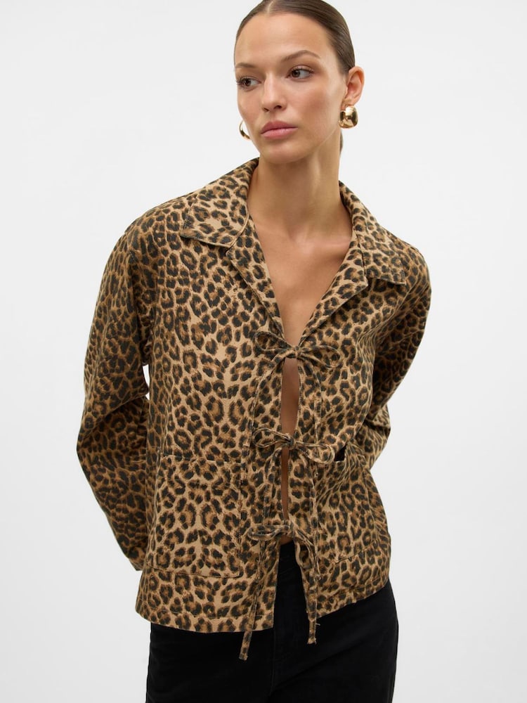 VERO MODA Brown Long Sleeve Bow Leopard Print Denim 100% Cotton Jacket - Image 2 of 6