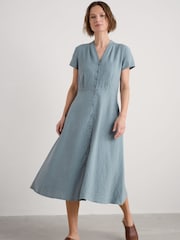 Seasalt Cornwall Blue Carved Wood Midi 100% Linen Dress - Image 1 of 5