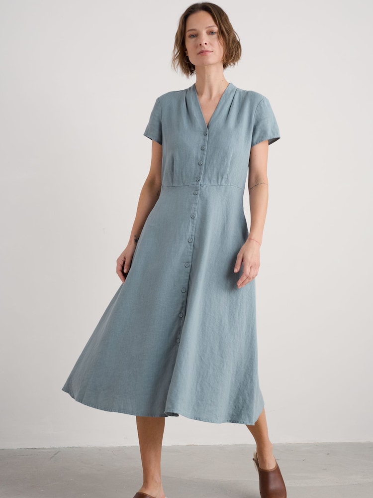 Seasalt Cornwall Blue Carved Wood Midi 100% Linen Dress - Image 1 of 5