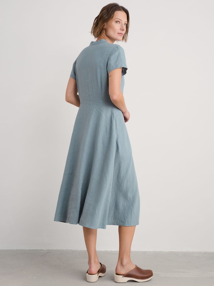 Seasalt Cornwall Blue Carved Wood Midi 100% Linen Dress - Image 2 of 5