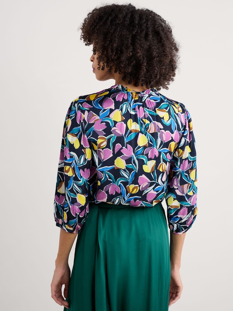 Seasalt Cornwall Black Multi Flower Weave Satin Frill Neck Print  Blouse - Image 2 of 5